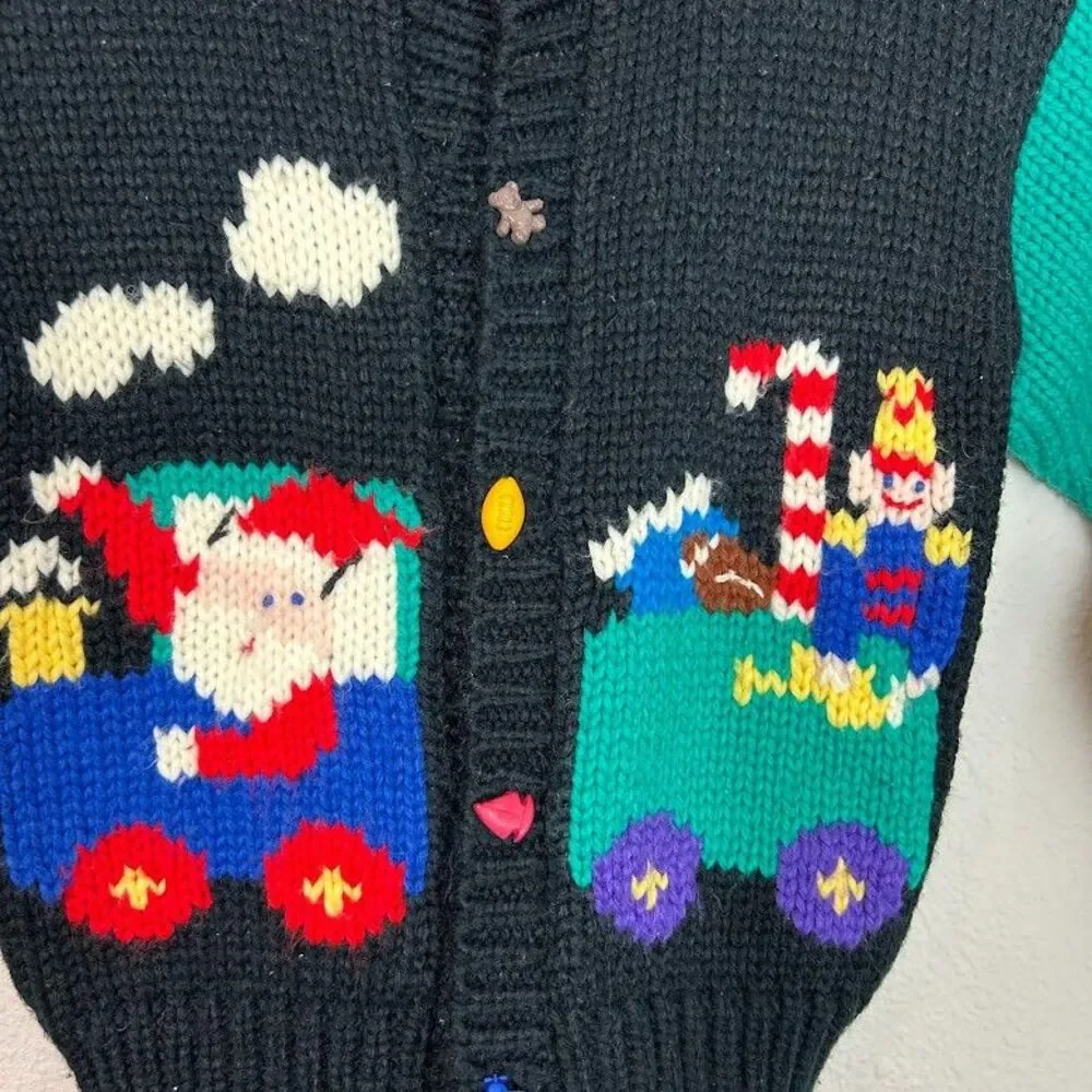 VTG Handknits By BJ Knit Cardigan Sweater 4T Christmas Santa Clause Kitschy